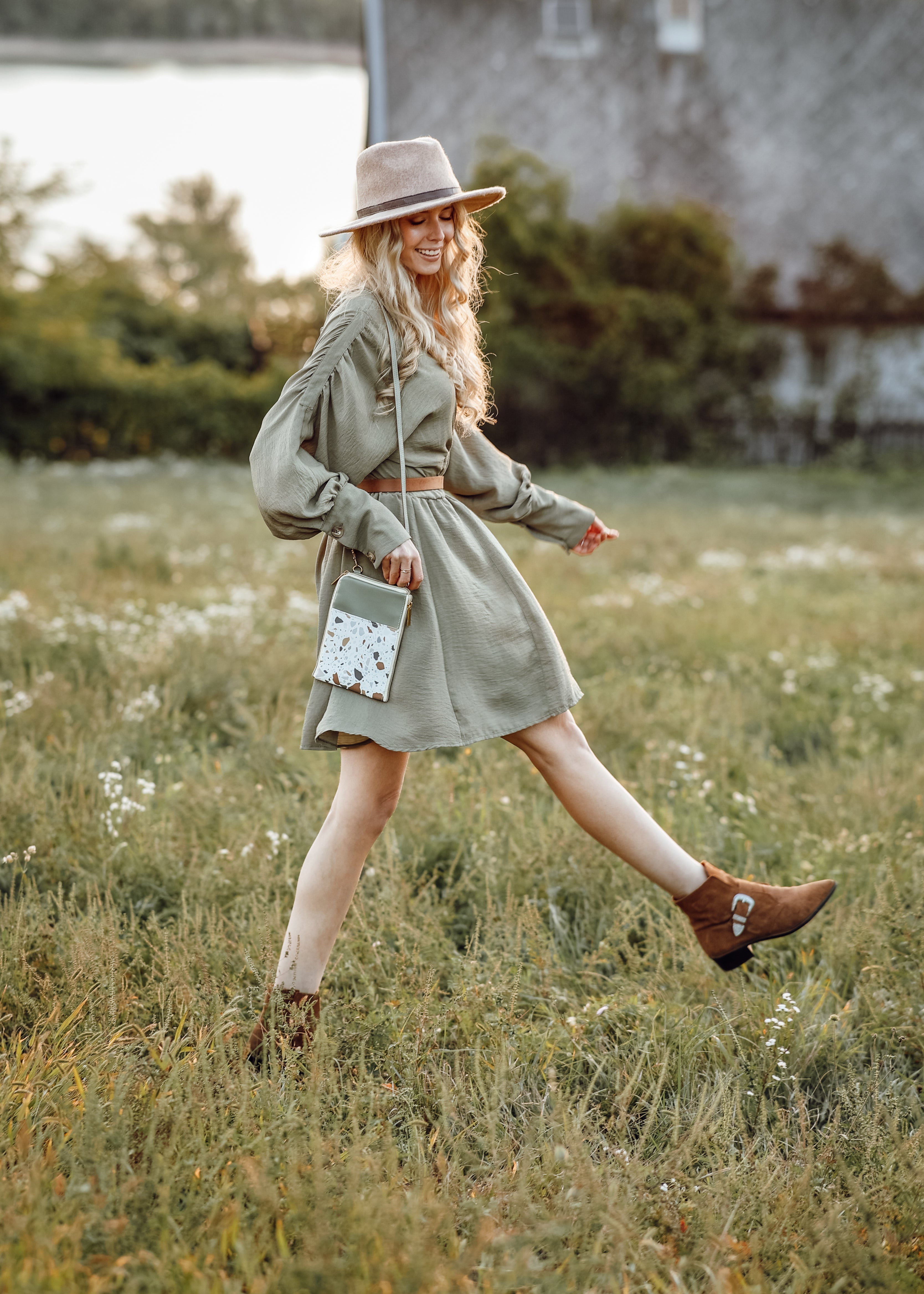 Terrazzo Olive Green Dual Zip Sling Bag {V2}