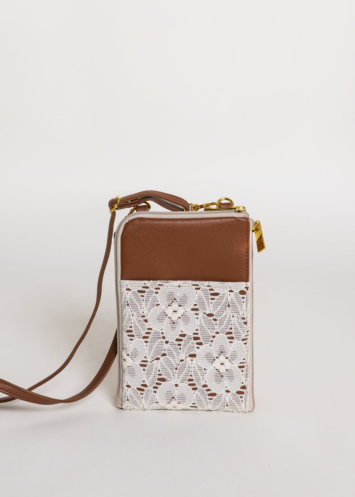 {{V1 Smaller Size}} Premium Lace Brown Dual Zip Sling Bag